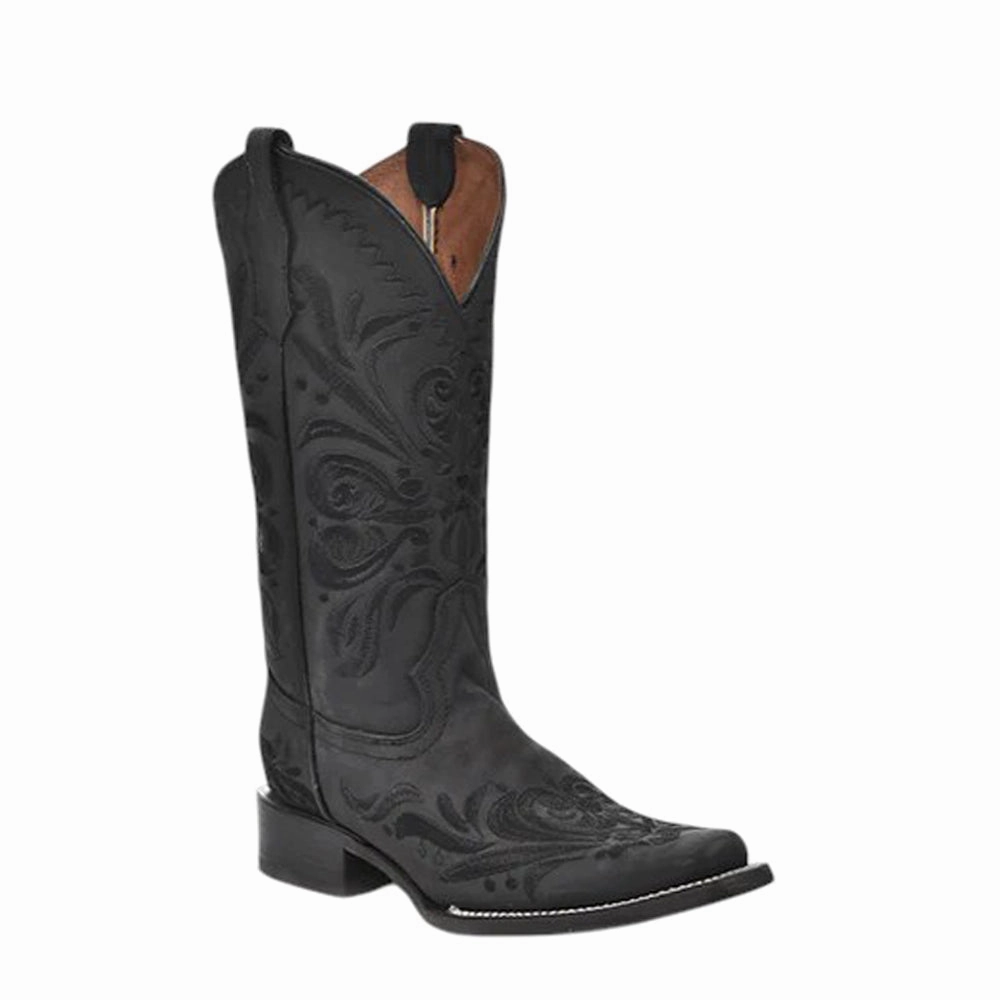 Eco Material Rural Traveler Shock Diffusing Heel All Black Tooled Inlay Square Toe Cowboy Boots
