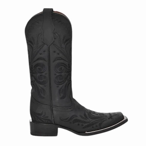 Flexible Frame Daily Walks Rugged Built Functional Minimalist All Black Tooled Inlay Square Toe Cowboy Boots