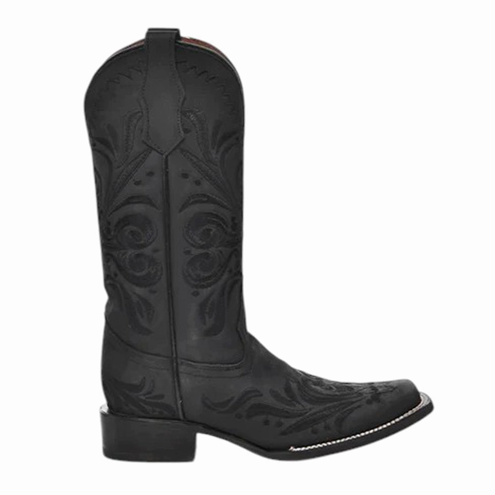 Flexible Frame Daily Walks Rugged Built Functional Minimalist All Black Tooled Inlay Square Toe Cowboy Boots