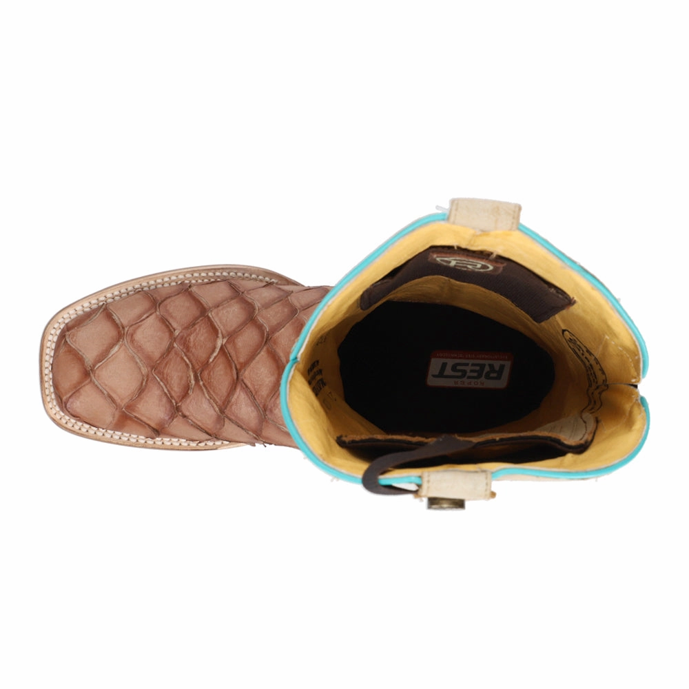 Big Bite Pirarucu Print Square Toe Cowboy Boots Compression Molded Midsole Feather Light Morning Walk