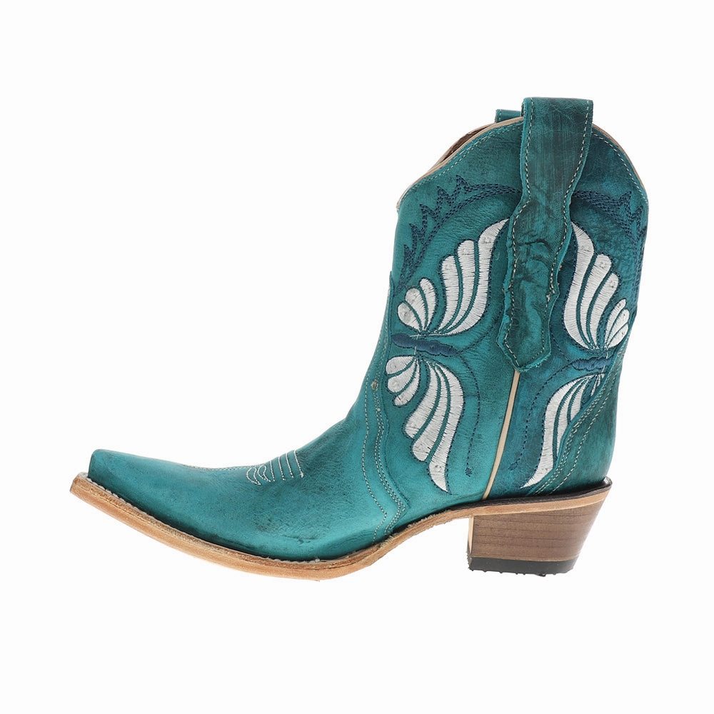 Molded Arch Contour Aqua Butterfly Embroidered Ankle Pull On Cowboy Booties