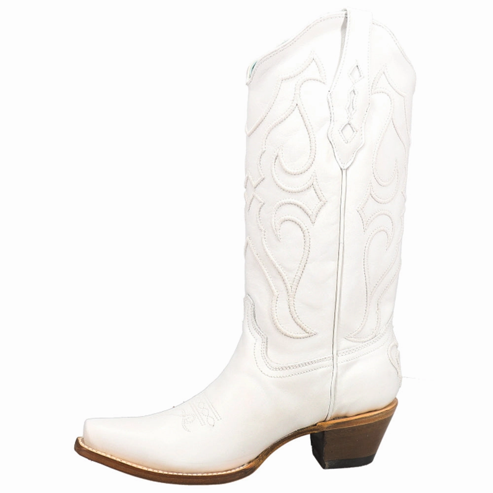 White Embroidered Snip Toe Cowboy Boots Bold Heel Waterproof Work Commute