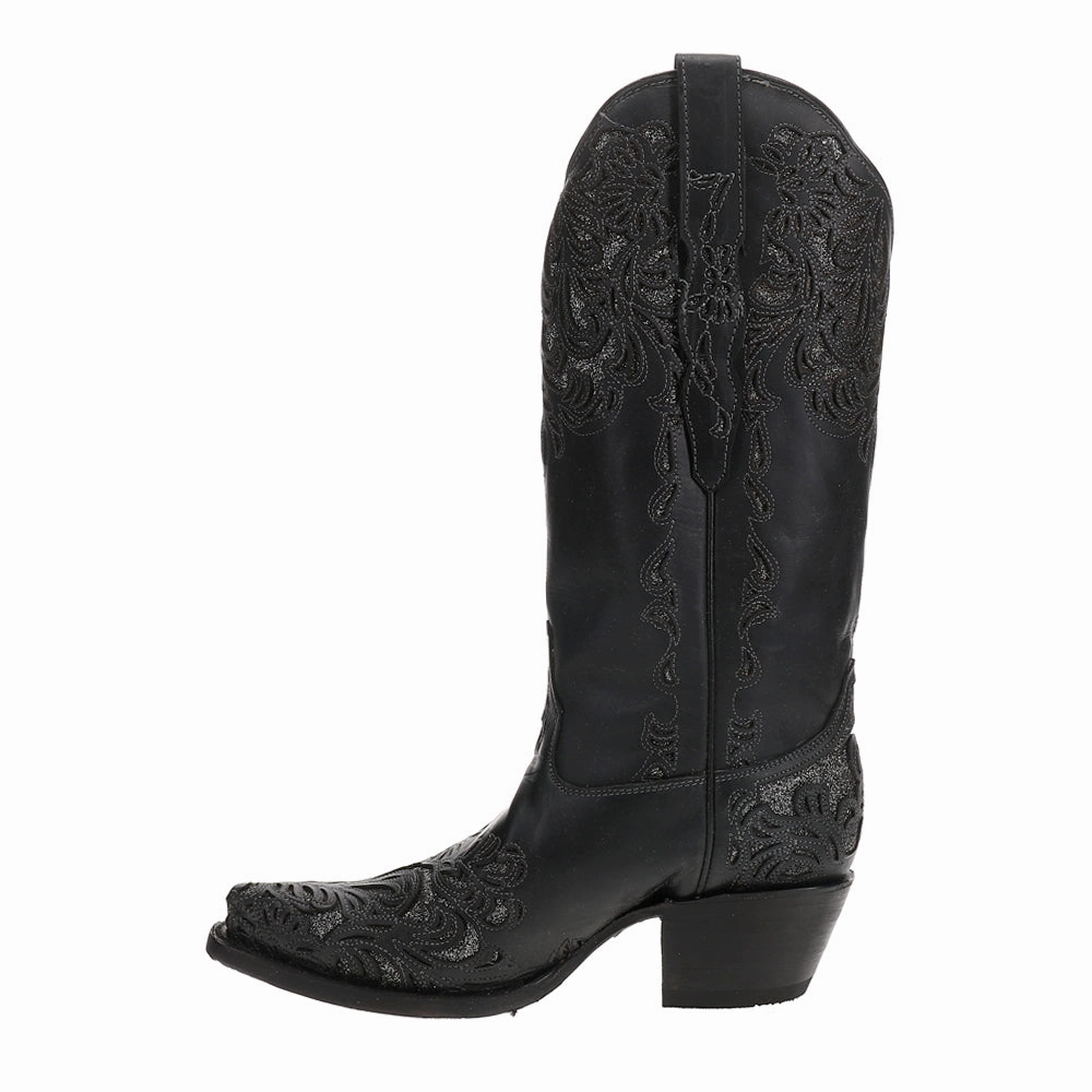 Glitter Tooled Inlay Snip Toe Pull On Cowboy Boots Grippy Outsole Trail Exploration