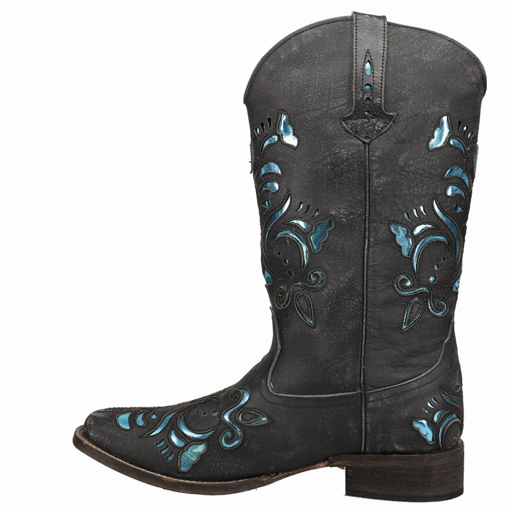 Anti Odor City Walking Frost resistant Belle Metallic Tooled Inlay Square Toe Cowboy Boots