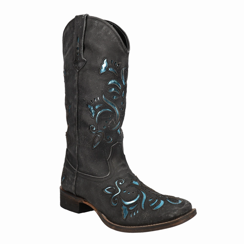 Belle Metallic Tooled Inlay Square Toe Cowboy Boots Sock Fit