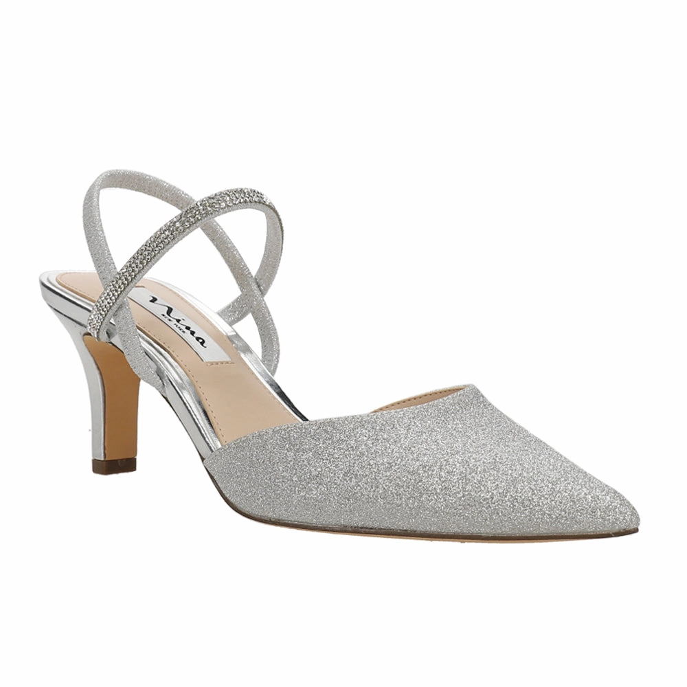 Always Shade Billie Metallic Glitter Rhinestone Pointed Toe Slingback Pumps