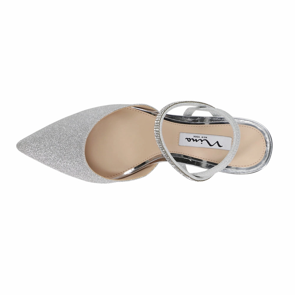 Billie Metallic Glitter Rhinestone Pointed Toe Slingback Pumps Stacked Heel