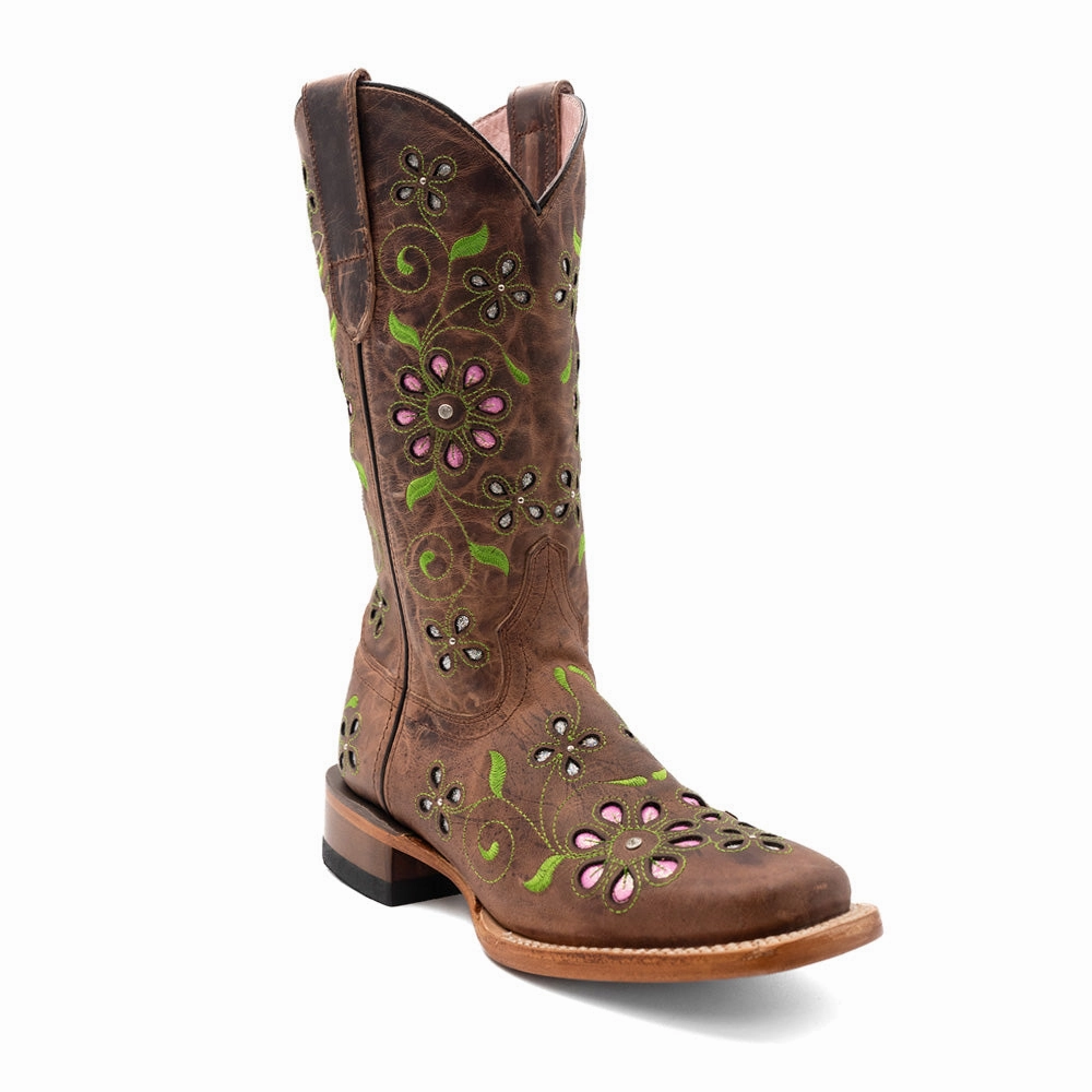 Blossom Tooled Inlay Embroidered Square Toe Pull On Cowboy Boots Zip Closure Flexible Frame Rough Trail Hiker