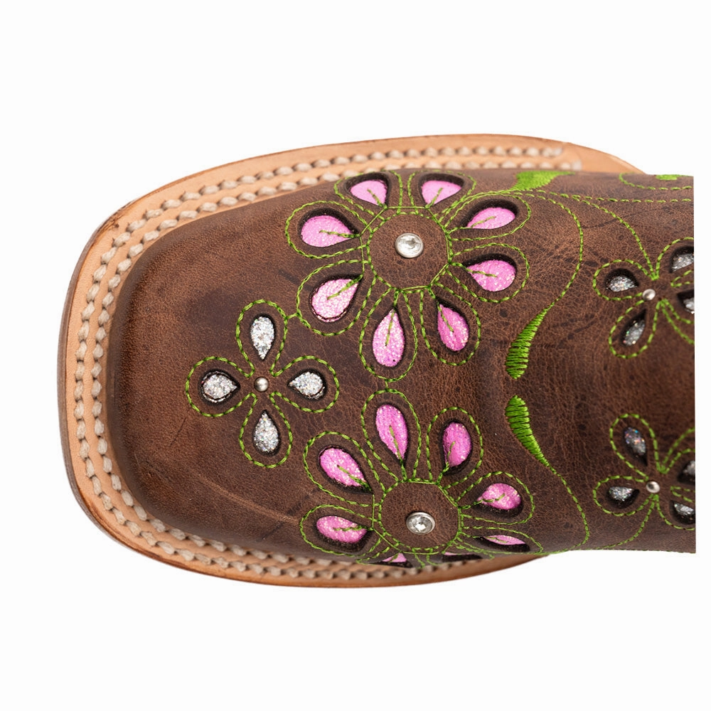 Street Walk Blossom Tooled Inlay Embroidered Square Toe Pull On Cowboy Boots