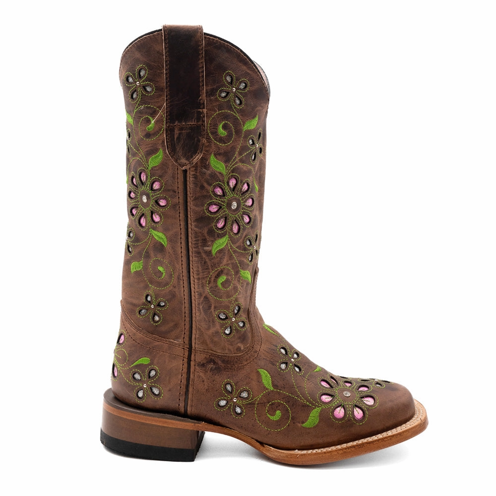 Blossom Tooled Inlay Embroidered Square Toe Pull On Cowboy Boots Protective Finish Hiking Trails