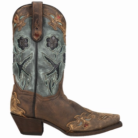 Fashion Guy Blue Bird Floral Tooled-Inlay Snip Toe Cowboy Boots