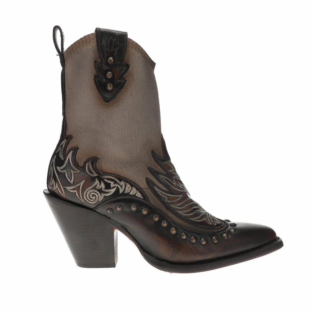 Bone Brown Overlay Embroidered Studded Snip Toe Pull On Cowboy Booties Rugged Built Winter Walker Comfortable bend