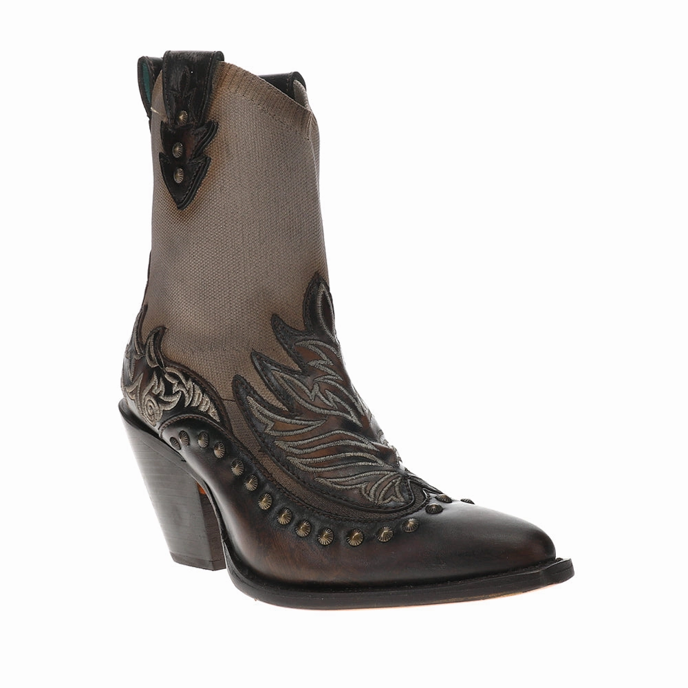 ErgonomicDesign Well-fitted Bone Brown Overlay Embroidered Studded Snip Toe Pull On Cowboy Booties