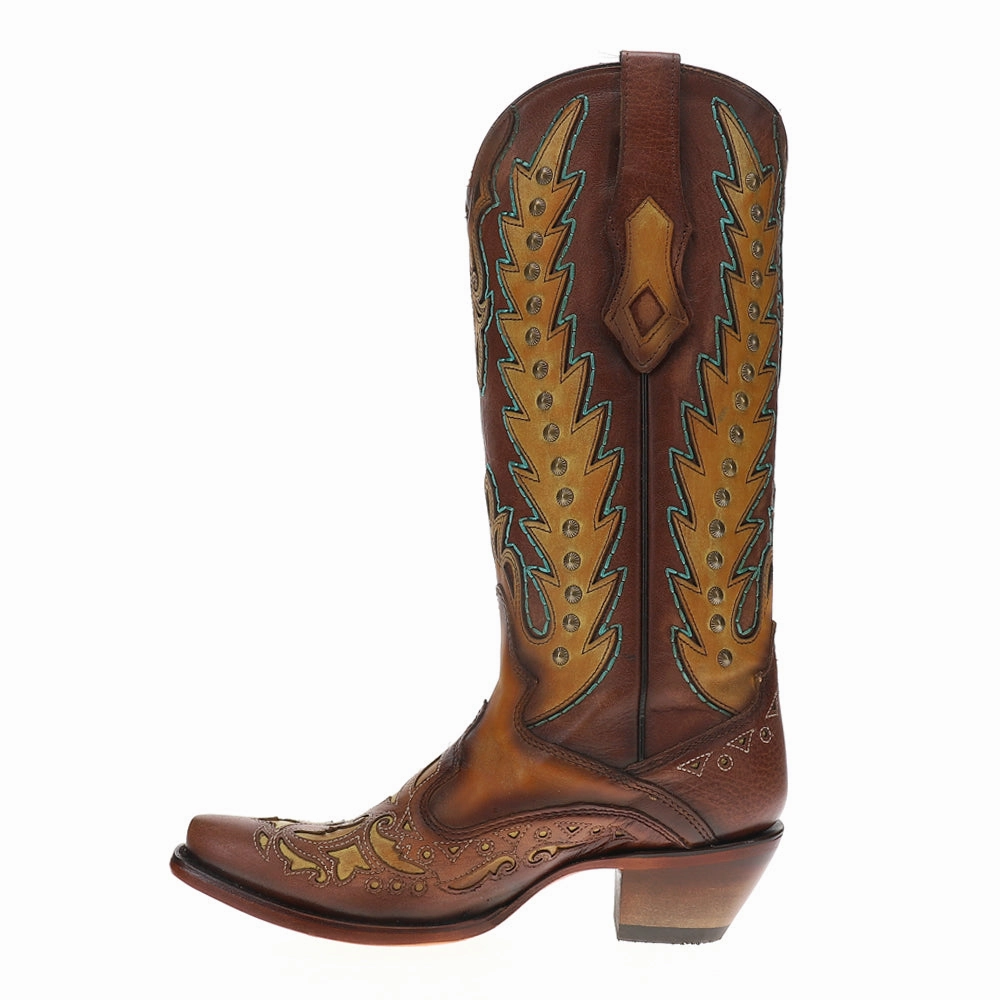 Brown Turquoise Overlay Embroidered Studded Snip Toe Pull On Cowboy Boots Rugged Comfort