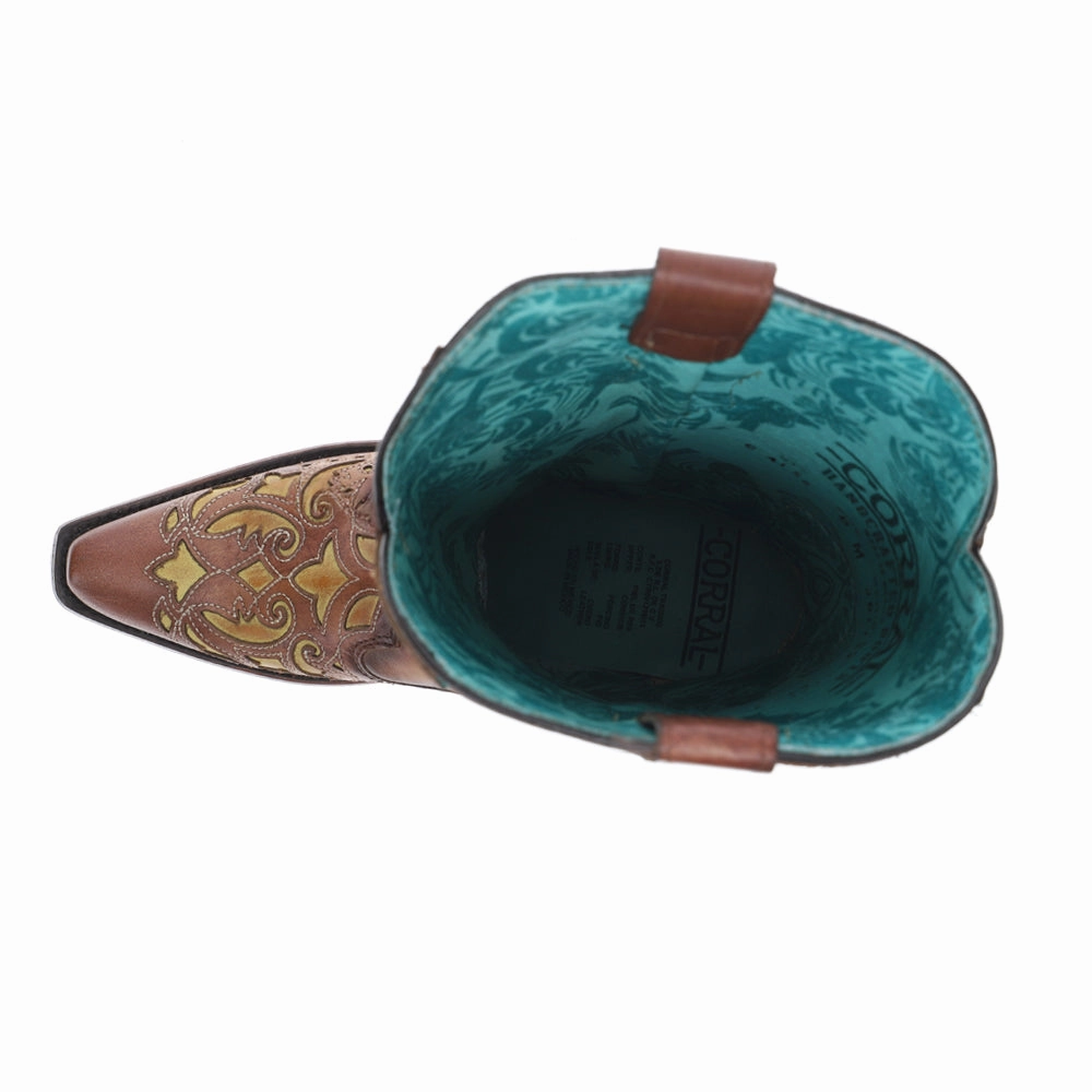 Cushioned heel Slip Resistant Weather Resistant User Brown Turquoise Overlay Embroidered Studded Snip Toe Pull On Cowboy Boots