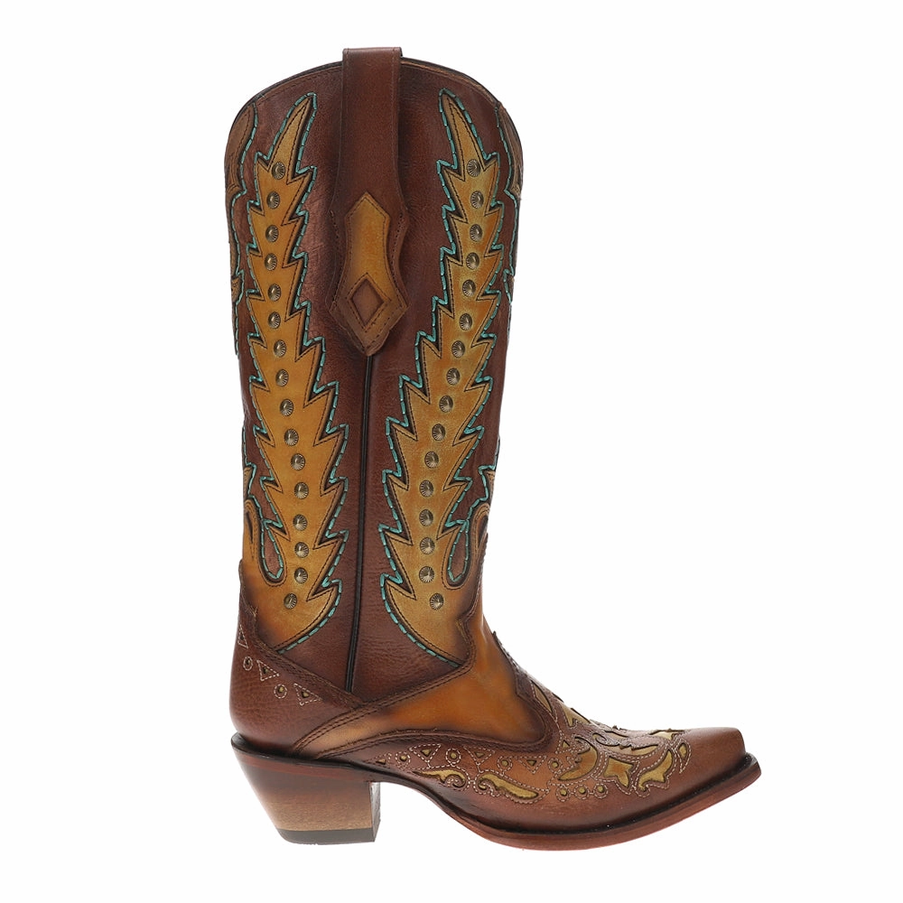 Brown Turquoise Overlay Embroidered Studded Snip Toe Pull On Cowboy Boots High Quality Leather