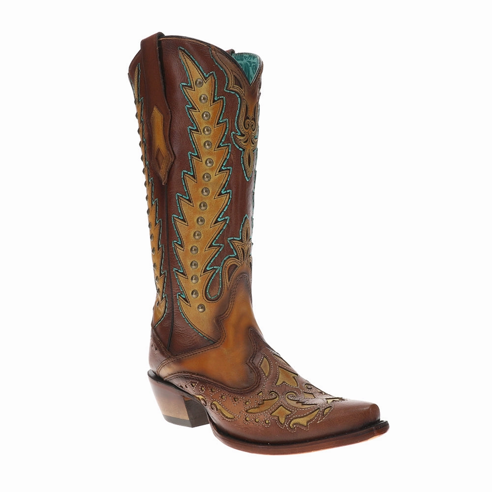 Sporty Vibe Weekend Fit Brown Turquoise Overlay Embroidered Studded Snip Toe Pull On Cowboy Boots