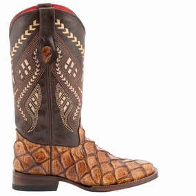 Bronco Pirarucu Print Embroidered Square Toe Cowboy Boots Durable Shell Rainy Day Commuter Stable Support Cold Weather Commuter