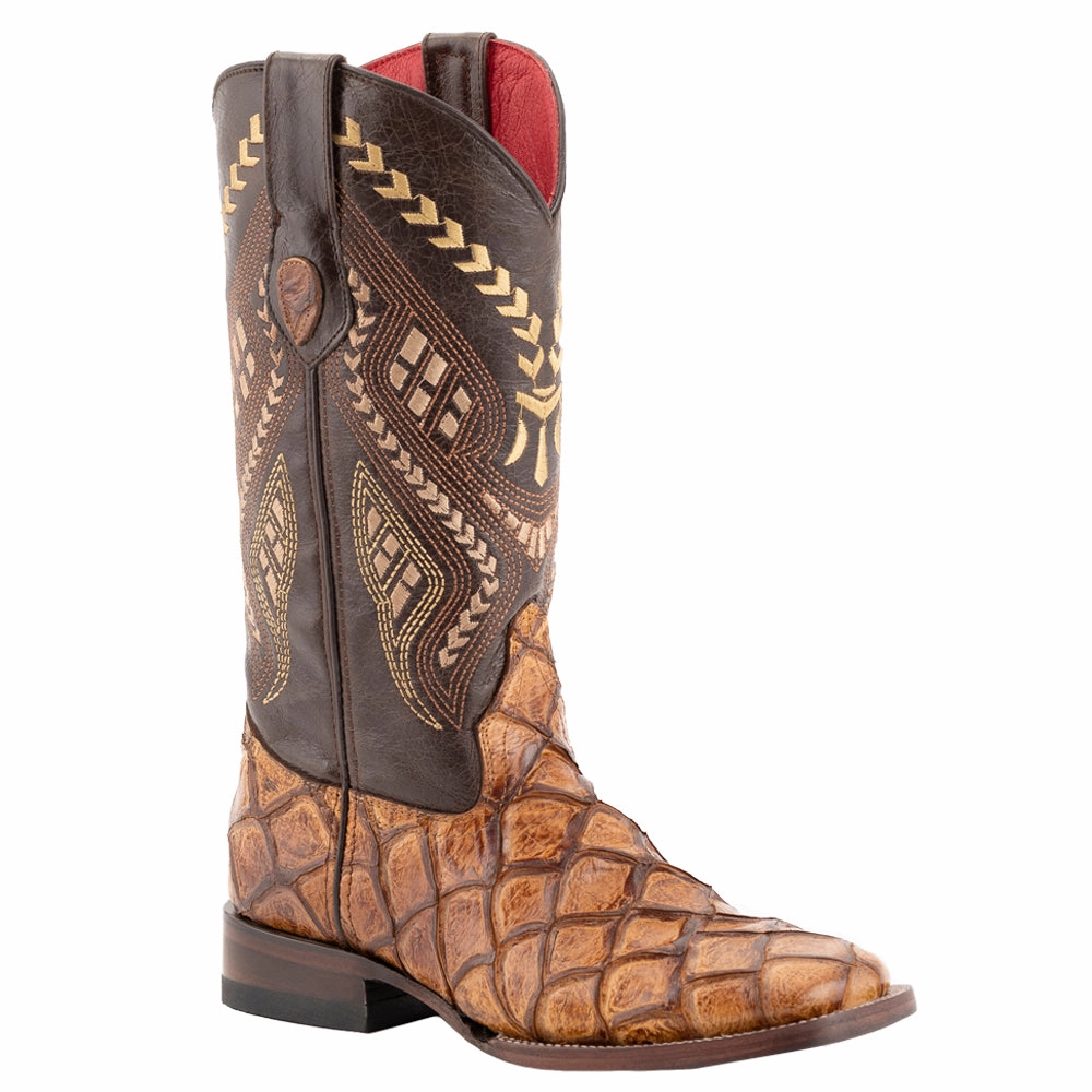 Ankle Support Bronco Pirarucu Print Embroidered Square Toe Cowboy Boots