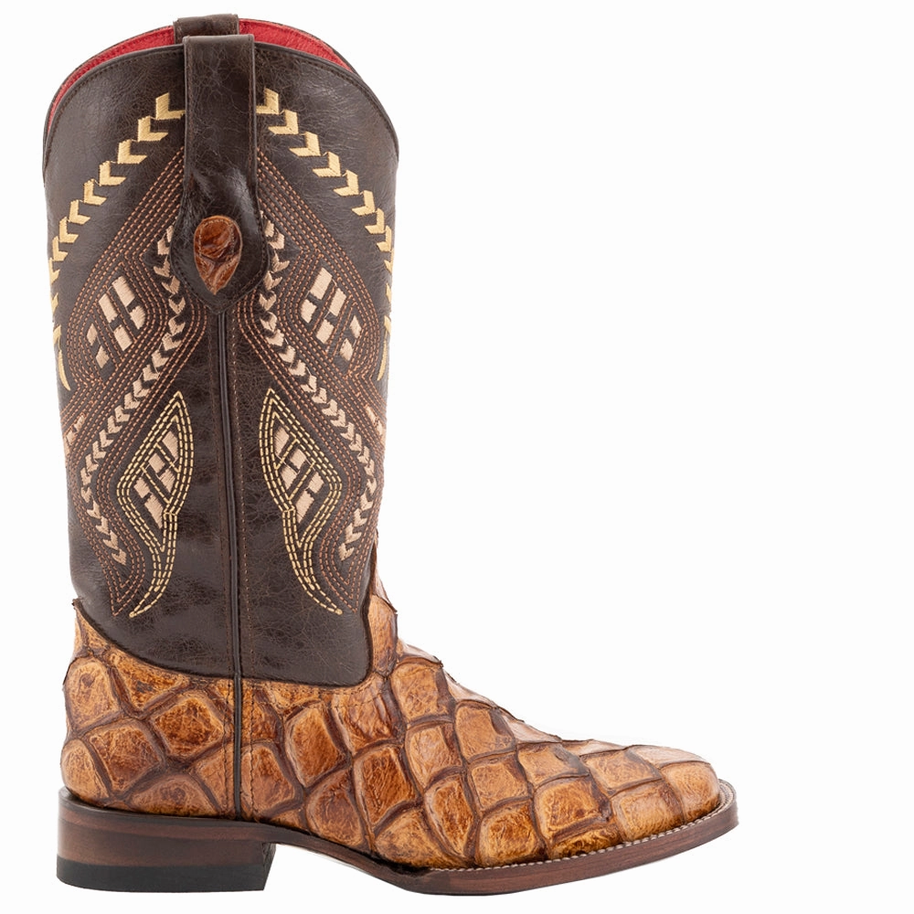 Bronco Pirarucu Print Embroidered Square Toe Cowboy Boots Durable Shell Rainy Day Commuter Stable Support Cold Weather Commuter