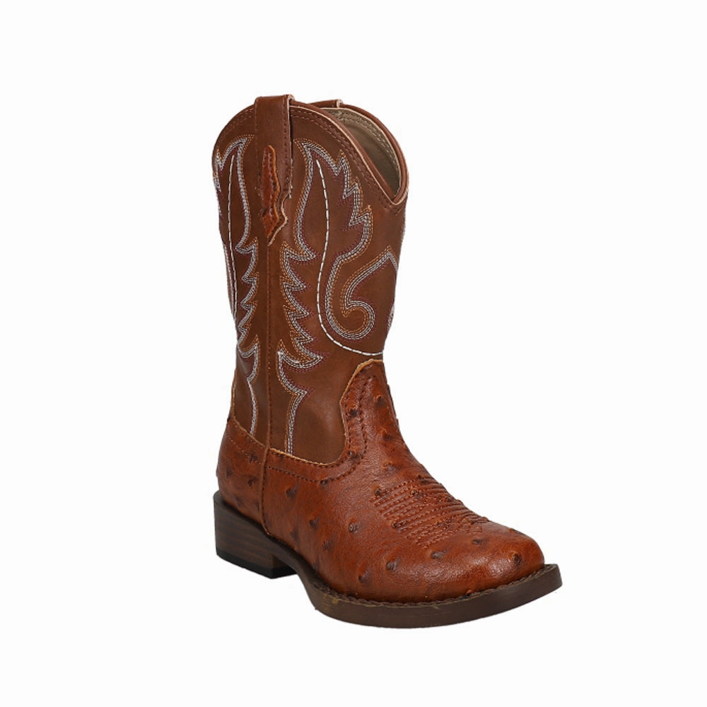 Bumps Faux Ostrich Square Toe Cowboy Boots (Little Kid) Rugged Terrain