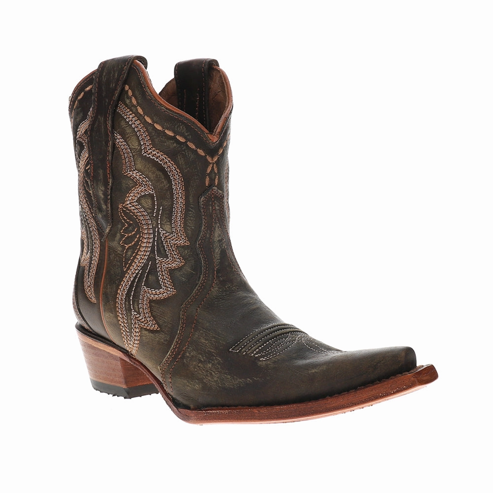 Lace Up Chocolate Ankle Embroidered Snip Toe Pull On Cowboy Booties