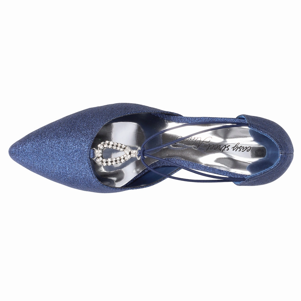 Open Concept Moonlight Metallic Rhinestone Pointed Toe T Strap Pumps