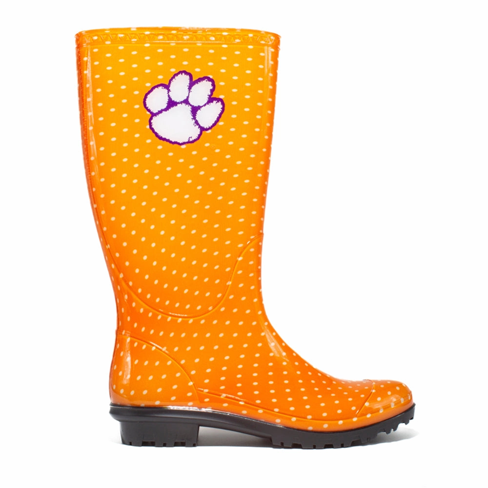 Clemson University Polka Dot Round Toe Rain Boots Rugged Built City Walking No Pressure