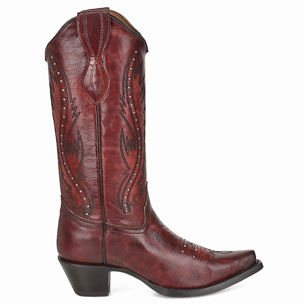 Fashion Forward Ground Force LD Wine Embroidered Studded Snip Toe Pull On Cowboy Boots