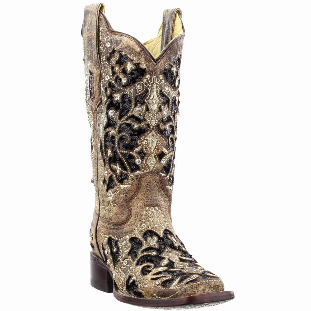 Sequined Tooled-Inlay Square Toe Cowboy Boots Slip Block Desert Wear
