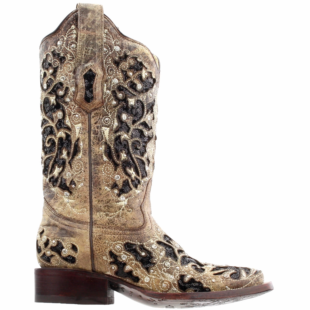 Sequined Tooled-Inlay Square Toe Cowboy Boots Eco Material Rainy Days