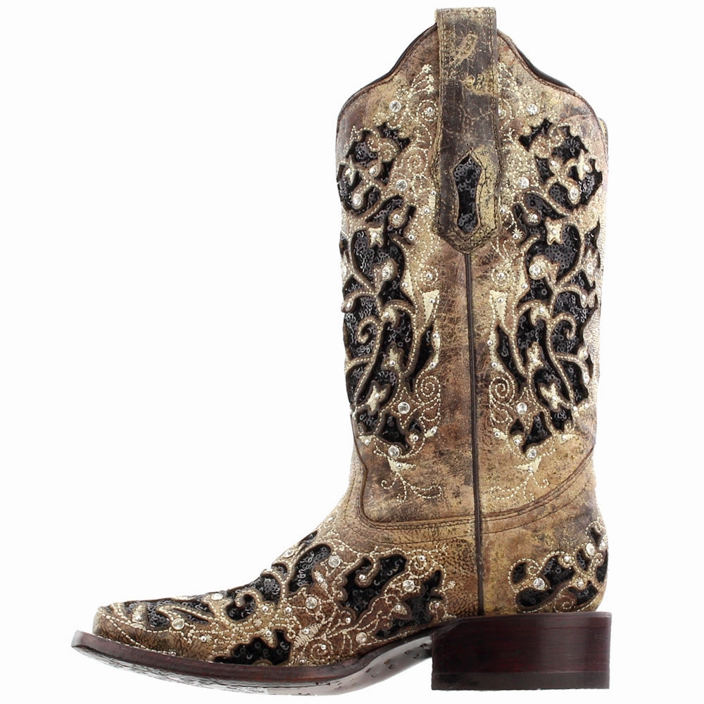 Sequined Tooled-Inlay Square Toe Cowboy Boots Low Profile Silhouette Lightweight Comfort