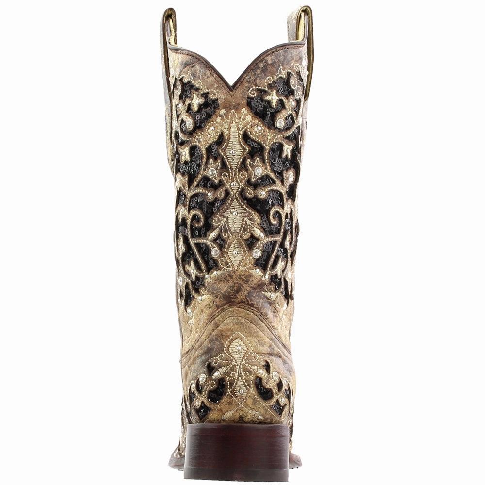 Adventurous Spirit Sequined Tooled-Inlay Square Toe Cowboy Boots