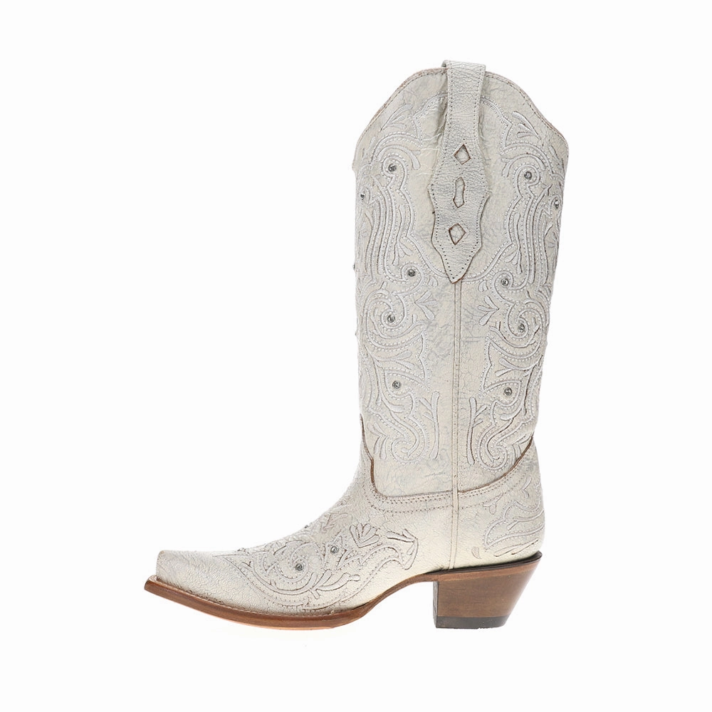 Embroidery And Crystals Snip Toe Bone Cowboy Boots Low Profile Design