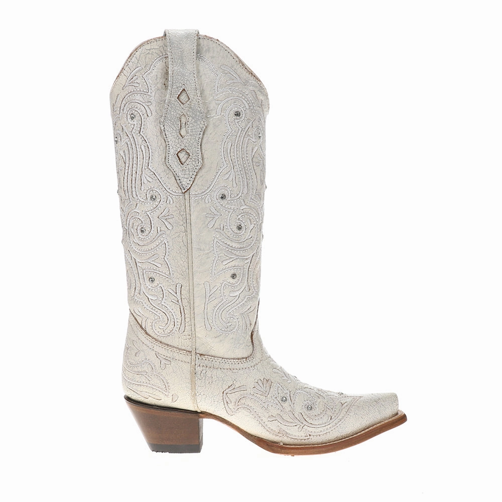 Embroidery And Crystals Snip Toe Bone Cowboy Boots All terrain