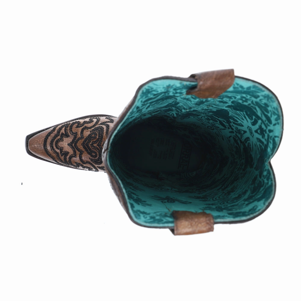 Tobacco Crackled Crystal Rhinestone Embroidered Snip Toe Pull On Cowboy Boots Anti   Static