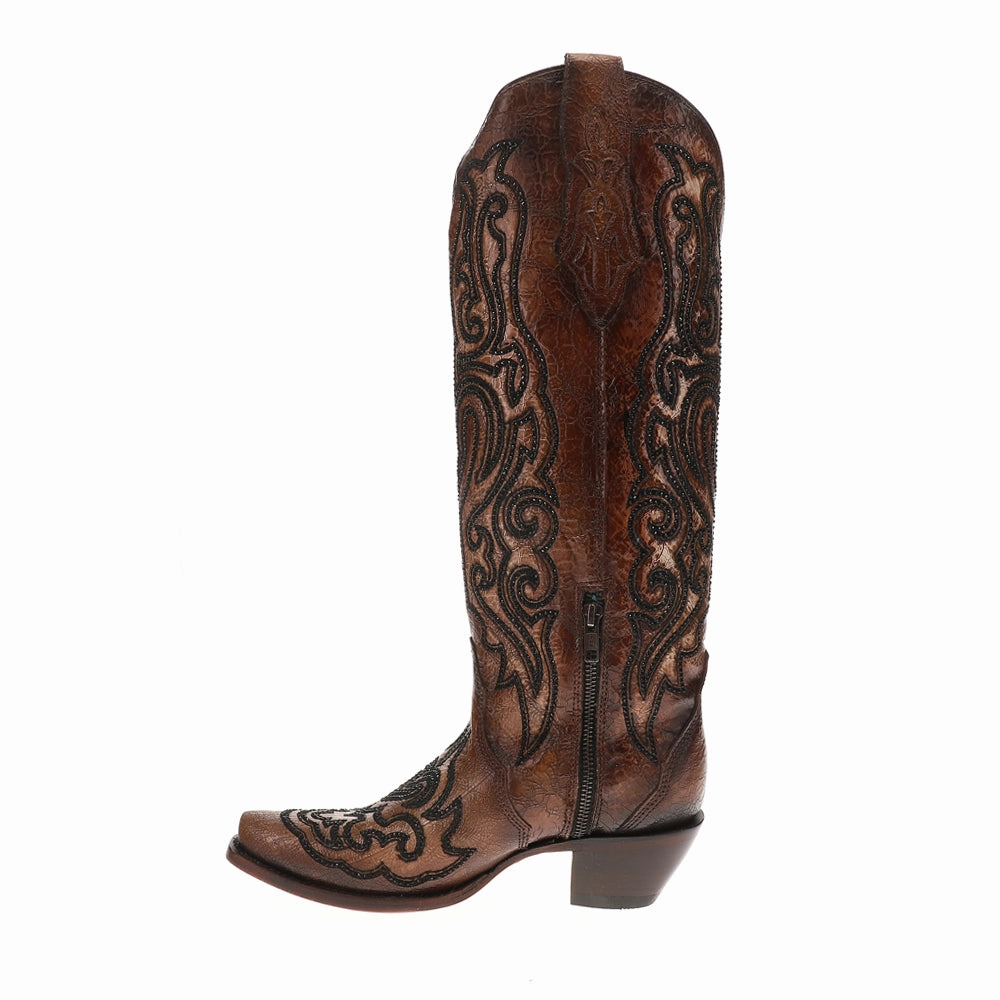 NYC Street Tobacco Crackled Crystal Rhinestone Embroidered Snip Toe Pull On Cowboy Boots