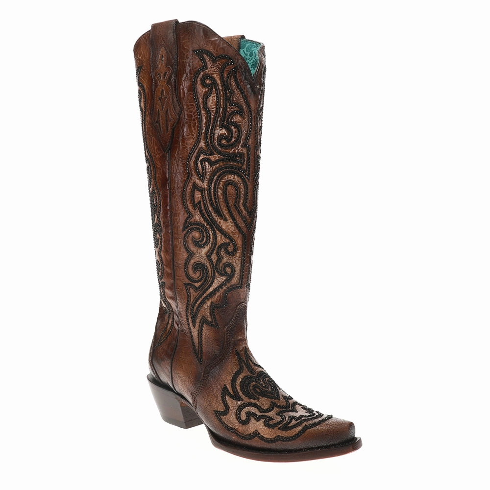Tobacco Crackled Crystal Rhinestone Embroidered Snip Toe Pull On Cowboy Boots Stable Support Mountain Hike