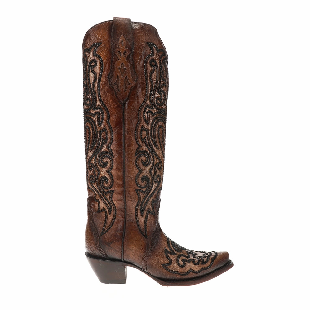 Tobacco Crackled Crystal Rhinestone Embroidered Snip Toe Pull On Cowboy Boots Warm Interior