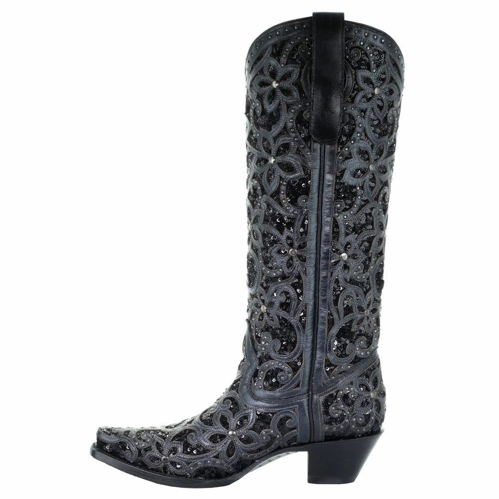 Floral Studded Rhinestones Sequins Tooled Inlay Snip Toe Cowboy Boots Daily Ready Eco Material Cold Climate