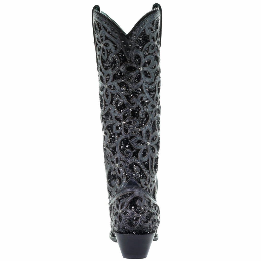 ReinforcedToe Protective Finish Morning Walk Floral Studded Rhinestones Sequins Tooled Inlay Snip Toe Cowboy Boots