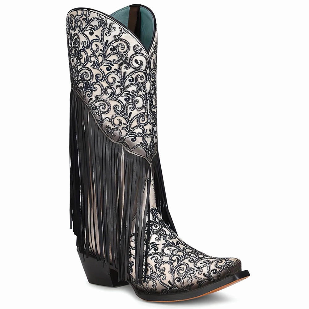 Flexible structure Adventure Driven Crater Fringe Glitter Tooled Inlay Snip Toe Cowboy Boots