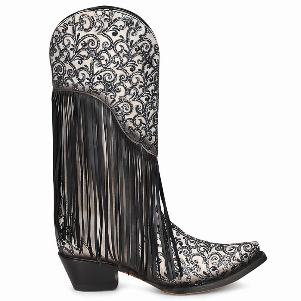 Crater Fringe Glitter Tooled Inlay Snip Toe Cowboy Boots Cold Trek