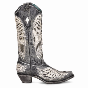 Heat-resistant Cross and Wings Overlay Studded Snip Toe Cowboy Boots