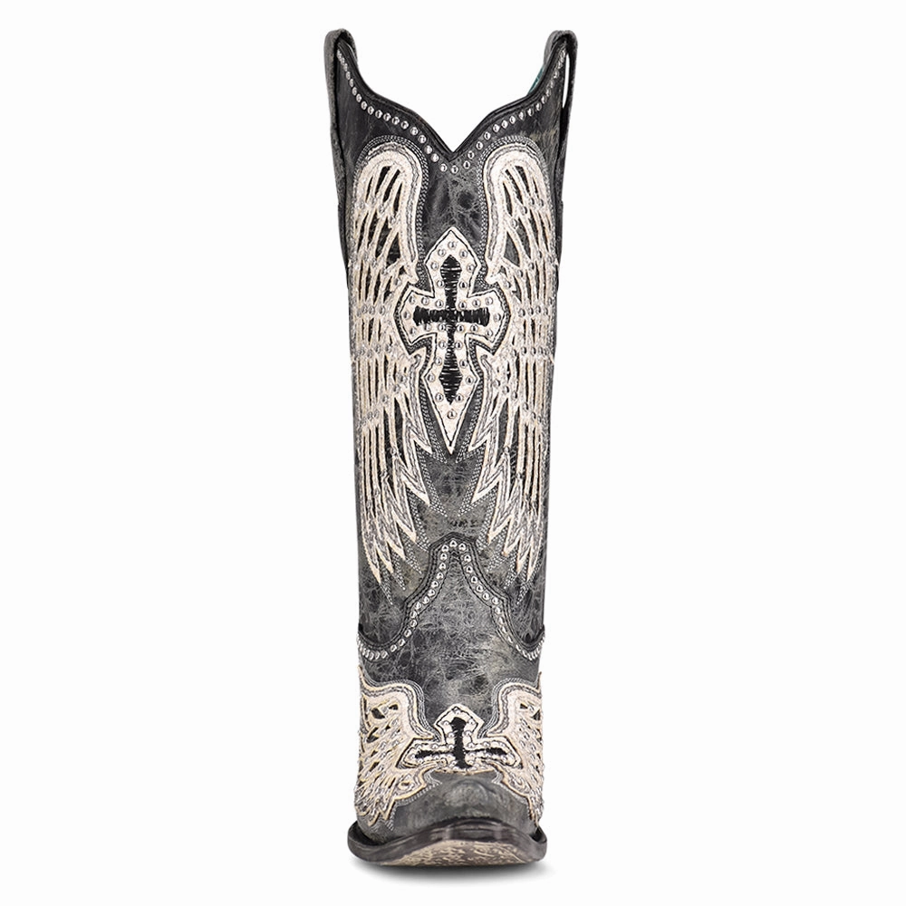 Cross and Wings Overlay Studded Snip Toe Cowboy Boots Ergonomic Footbed