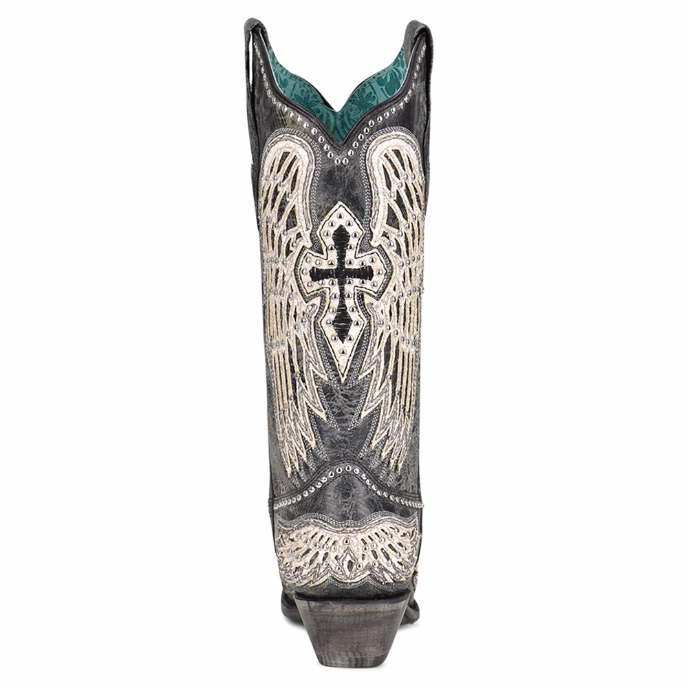 Cross and Wings Overlay Studded Snip Toe Cowboy Boots Responsive Midsole Quick Dry Technology