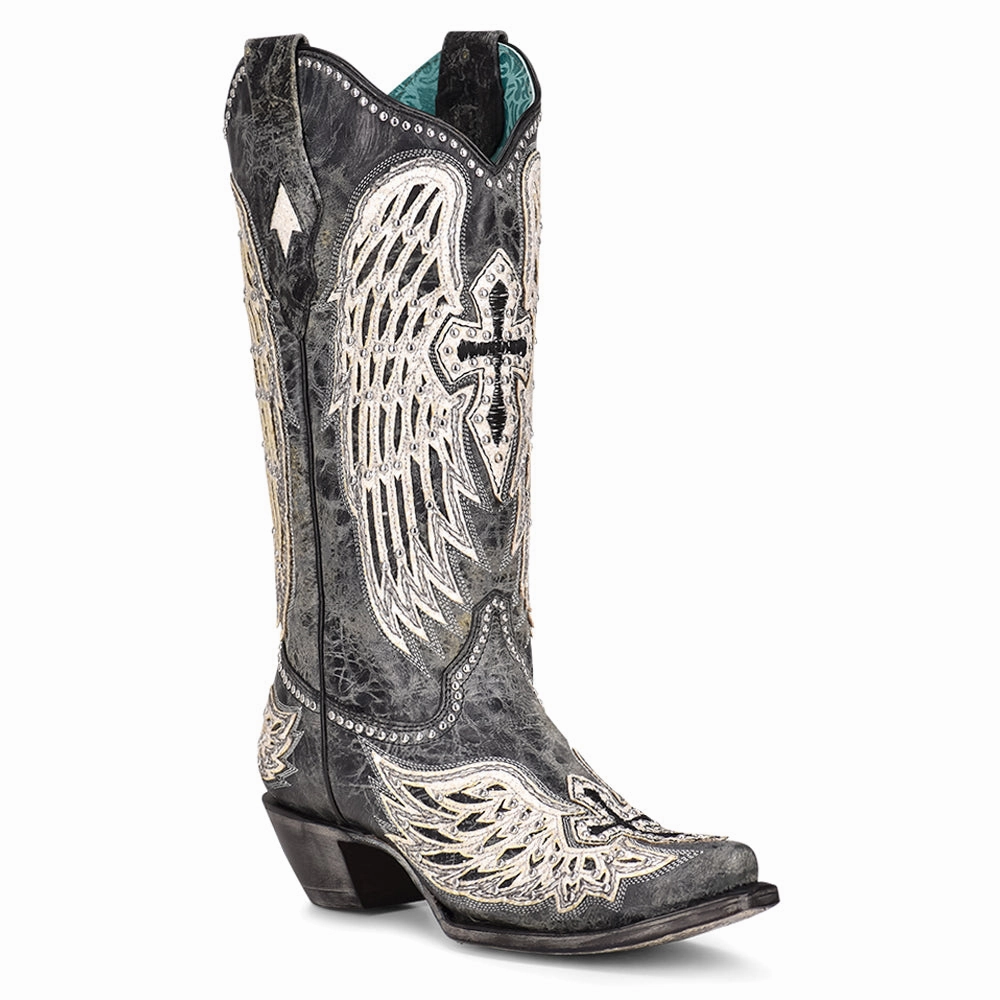 Cross and Wings Overlay Studded Snip Toe Cowboy Boots Clean Lines Multi   Purpose