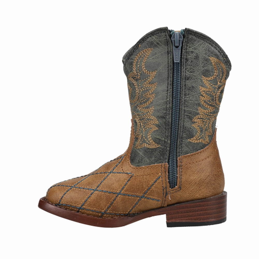 Cross Cut Checkered Embroidery Square Toe Cowboy Boots (Toddler) Anti Puncture Design