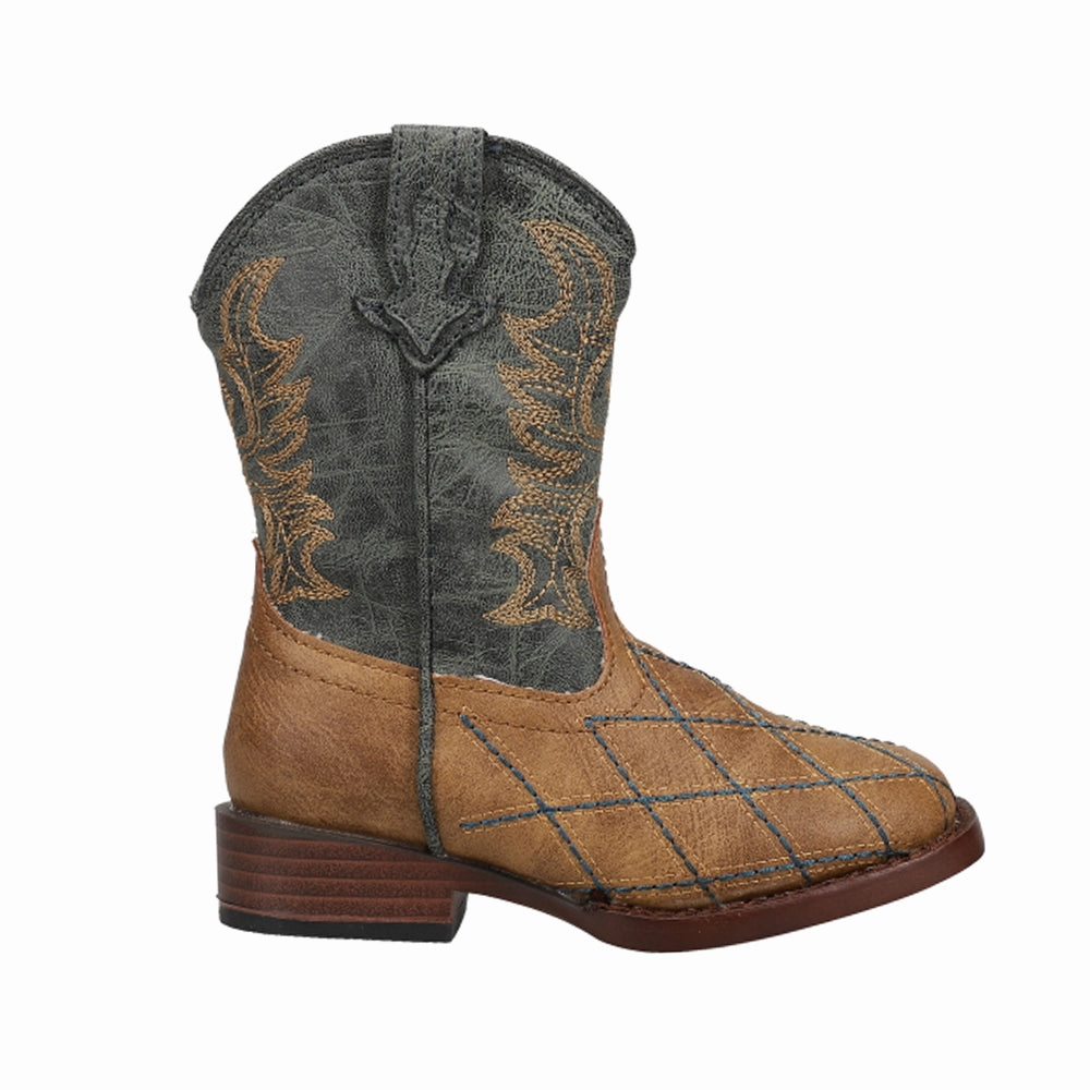 Cross Cut Checkered Embroidery Square Toe Cowboy Boots (Toddler) Enhanced grip