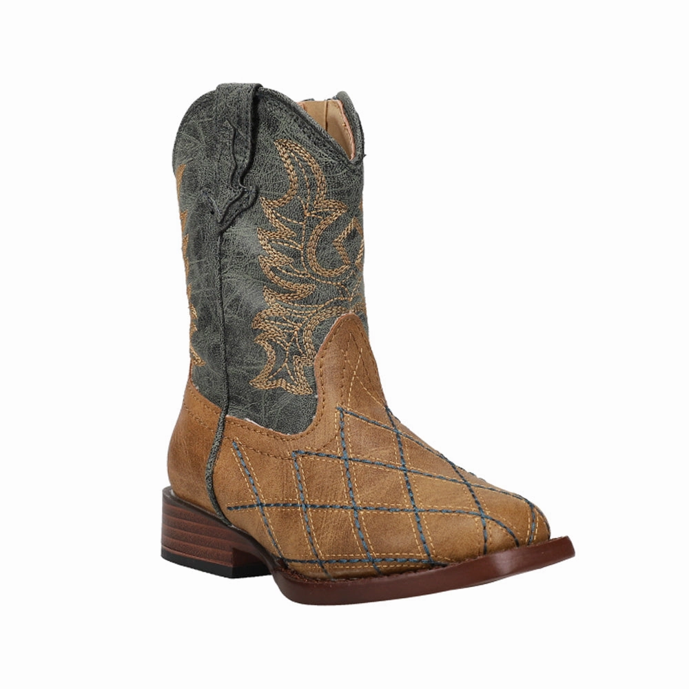 Cross Cut Checkered Embroidery Square Toe Cowboy Boots (Toddler) Anti Fatigue